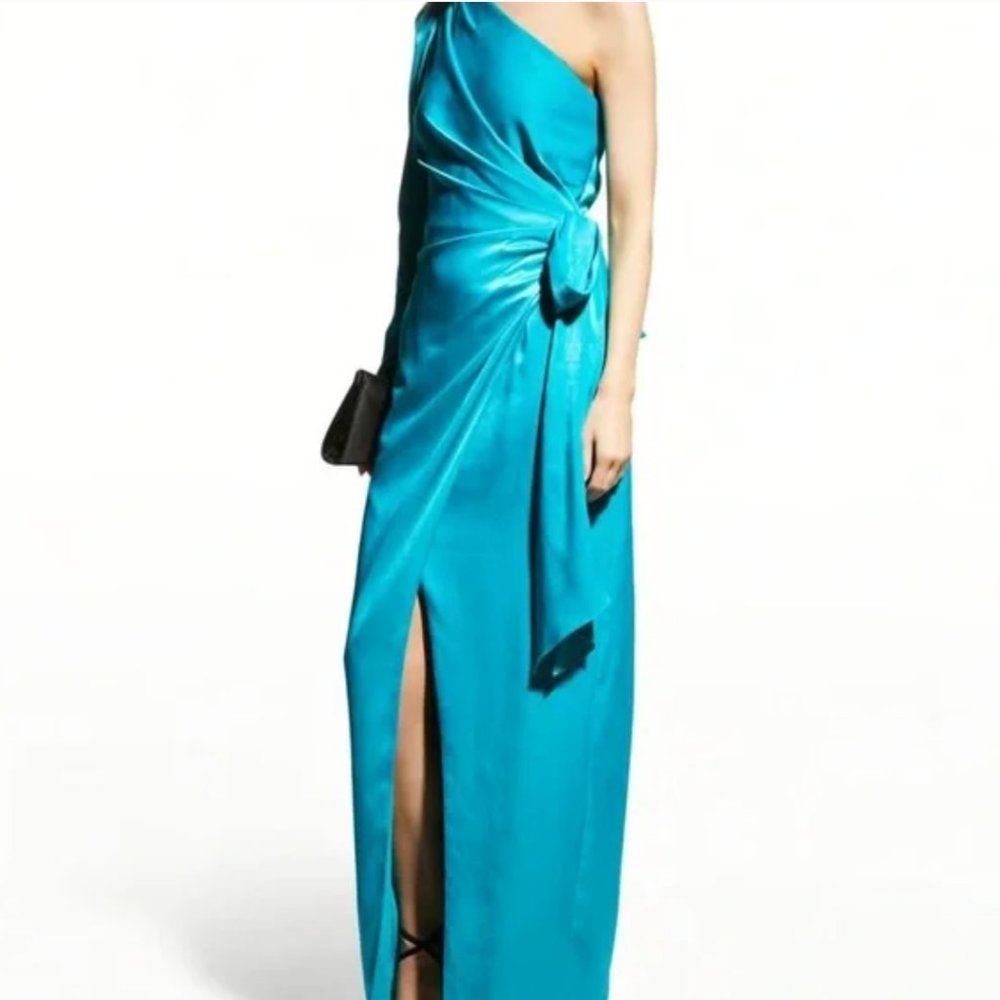 Aidan by Aidan Mattox satin turquoise one shoulder dress